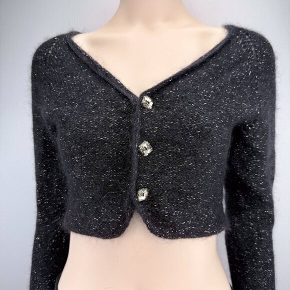 SOFT Mohair Alpaca Shiny Cropped Knitted Metallic Charcoal Jewel Cardigan XS - Picture 3 of 5